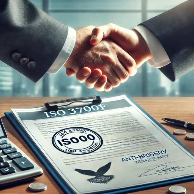 DALL·E 2025-03-11 02.15.40 - A professional business setting featuring a document labeled 'ISO 37001' with a certification stamp, symbolizing an anti-bribery management system. In