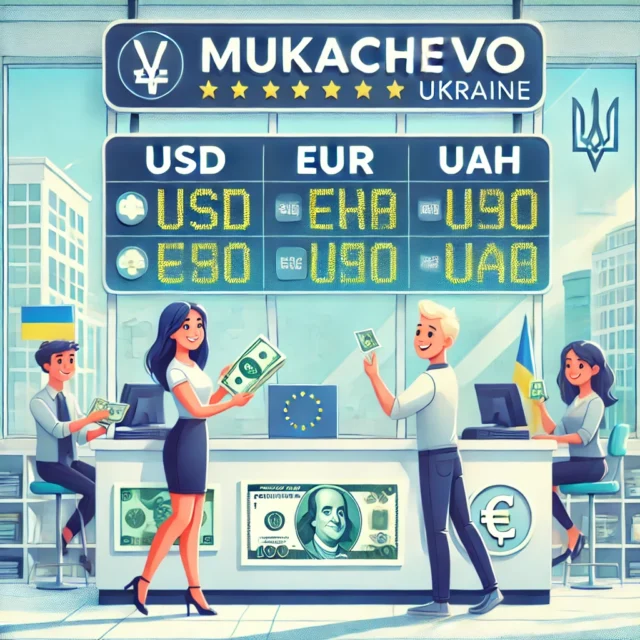 DALL·E 2025-03-25 09.49.08 - A modern and trustworthy currency exchange office in Mukachevo, Ukraine. The scene shows a bright, clean exchange counter with a digital display showi